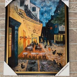Oliver art Hand-Embellished Starry Night Cafe w/ cats Wall Art - Yellow & Blue c